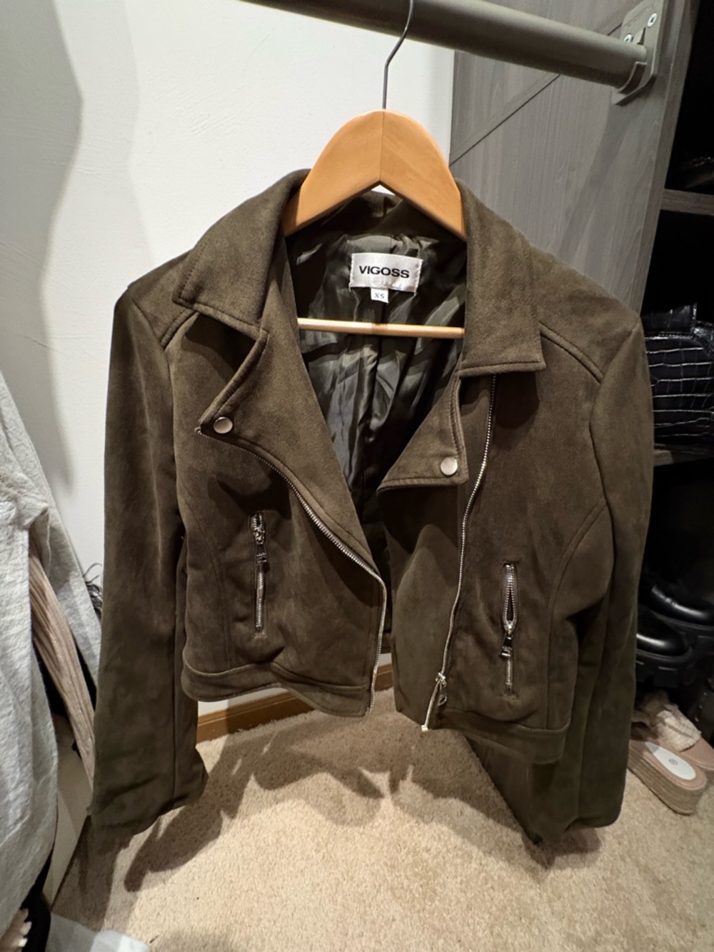 Vigoss Olive Suede Moto Jacket with Zip Pockets